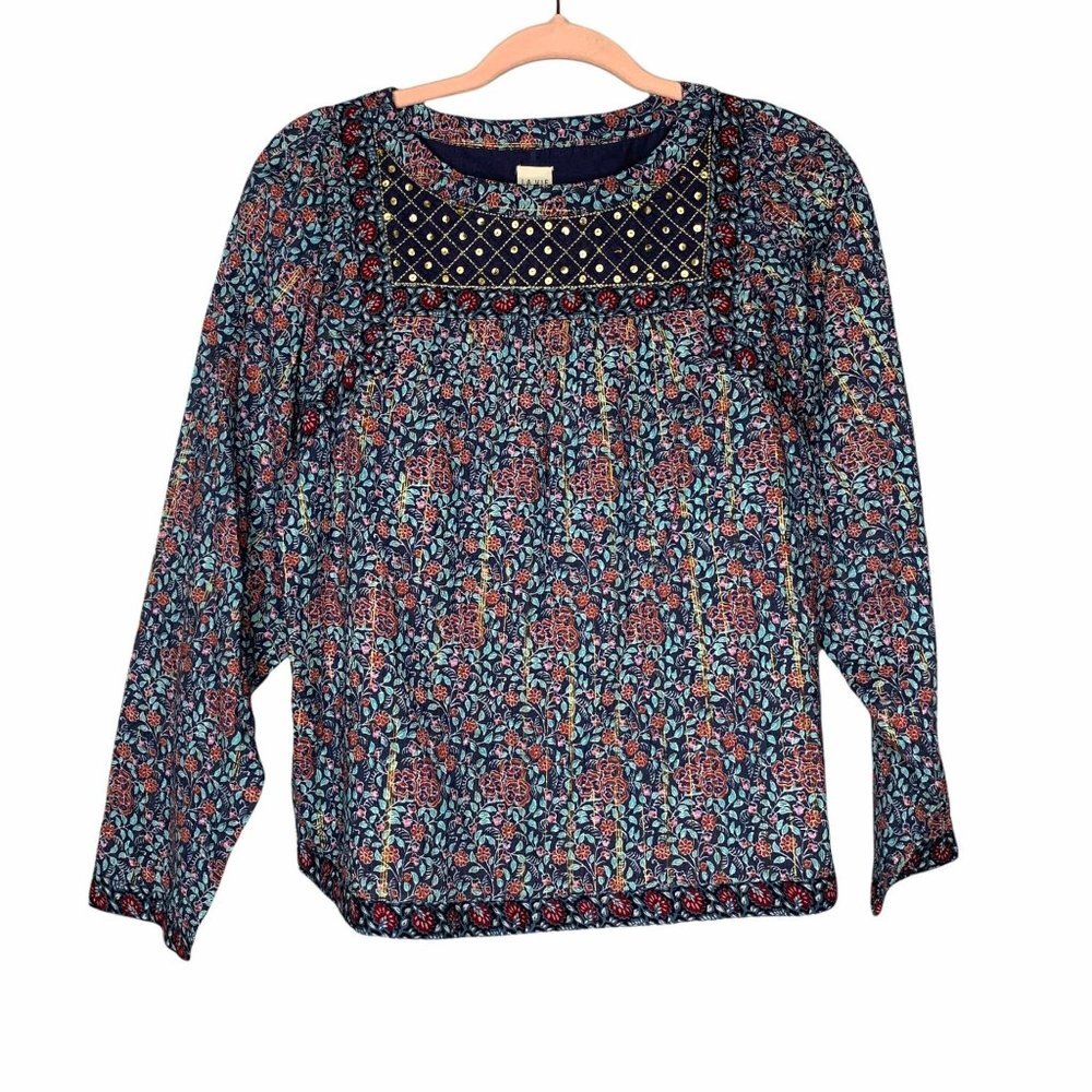 La Vie Rebecca Taylor Floral Sequin Navy Blouse